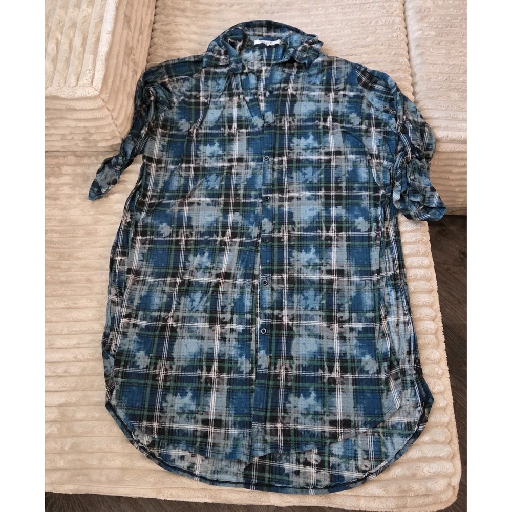 Paper Tee Plaid Flannel Shirt 3X Blue Acid Wash Bleached Button Up Distressed